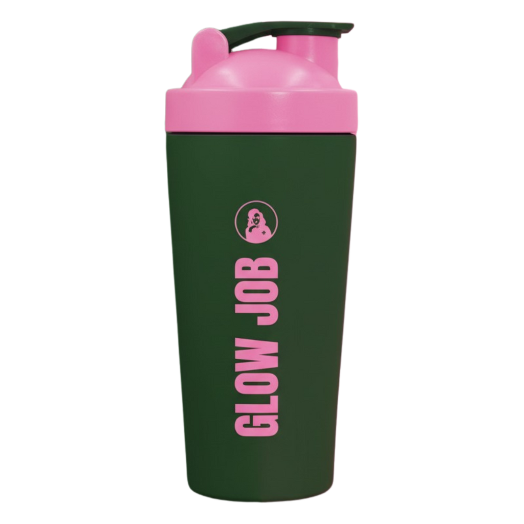 Green and pink shaker bottle with 'GLOW JOB' text on a white background