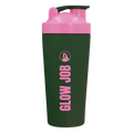 Green and pink shaker bottle with 'GLOW JOB' text on a white background